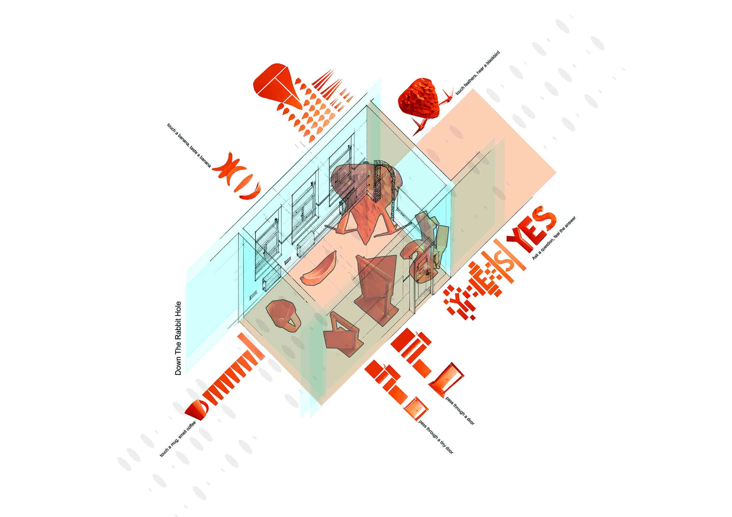 A conceptual axonometric drawing of a sensory experience built at ESMOD in Berlin for the Beyond Seeing Project.