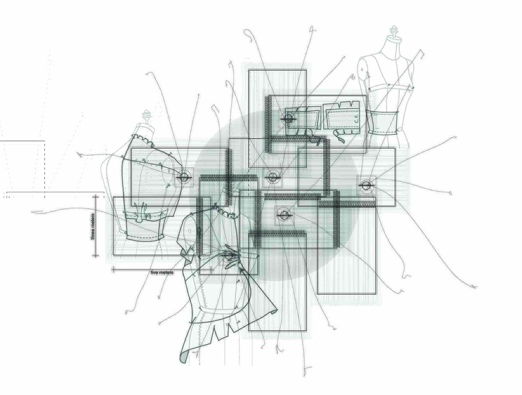 A concept drawing for an exhibition for a fashion and industrial design project put on by the Goethe Institute in Paris, France. The spaces form would be created in the same way clothing is created on a mannequin