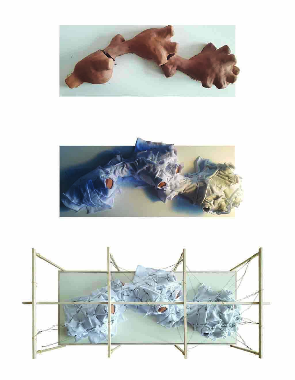 A model of an exhibition design concept. The spaces forms are created in the same way clothing is created on a mannequin. Clay Model. Fabric Model.
