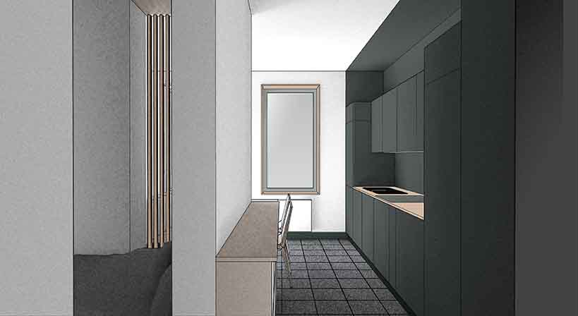 A preliminary Visualisation of a kitchen in the micro apartments of Naumburger 34 in Leipzig