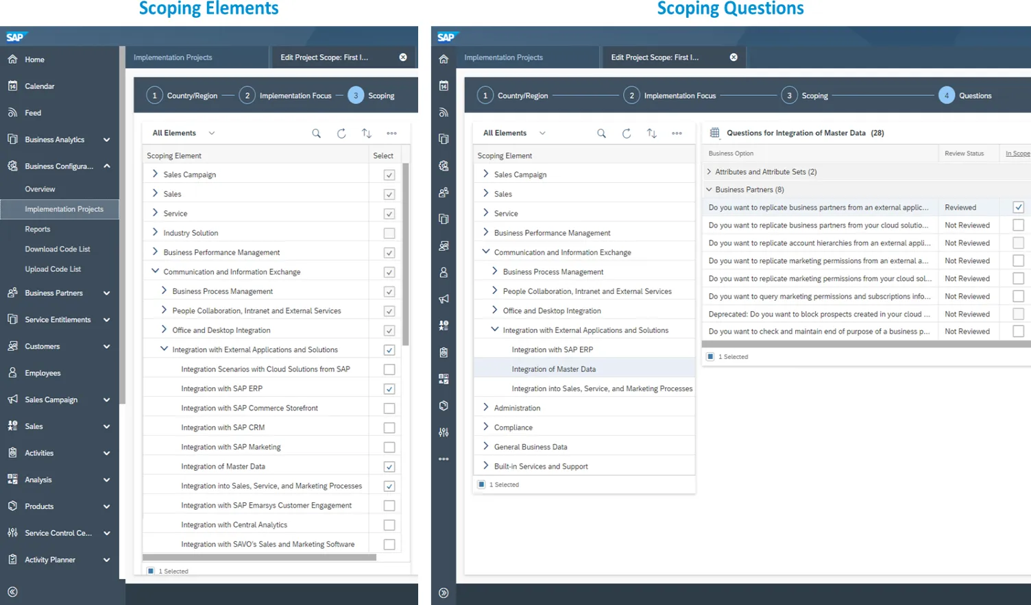 Two screenshots showing the two scoping stages: Scoping elements on the left and scoping questions on the right., Picture