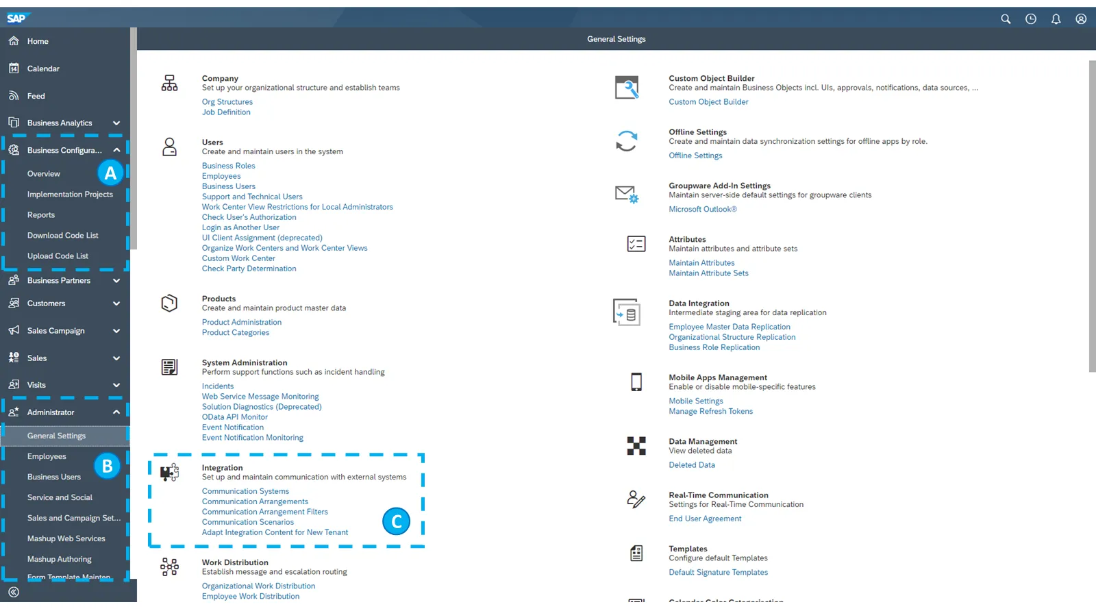 SAP Sales and Service Cloud user interface with the navigation bar on the left and the view General Settings in the main space of the screen with some areas highlighted., Picture