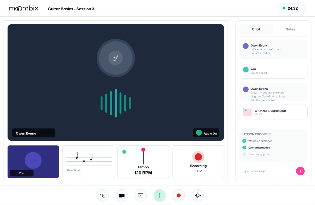 Online guitar lesson interface showing audio wave, tempo set to 120 BPM, recording active for 24:32, and chat with instructions on G chord practice.