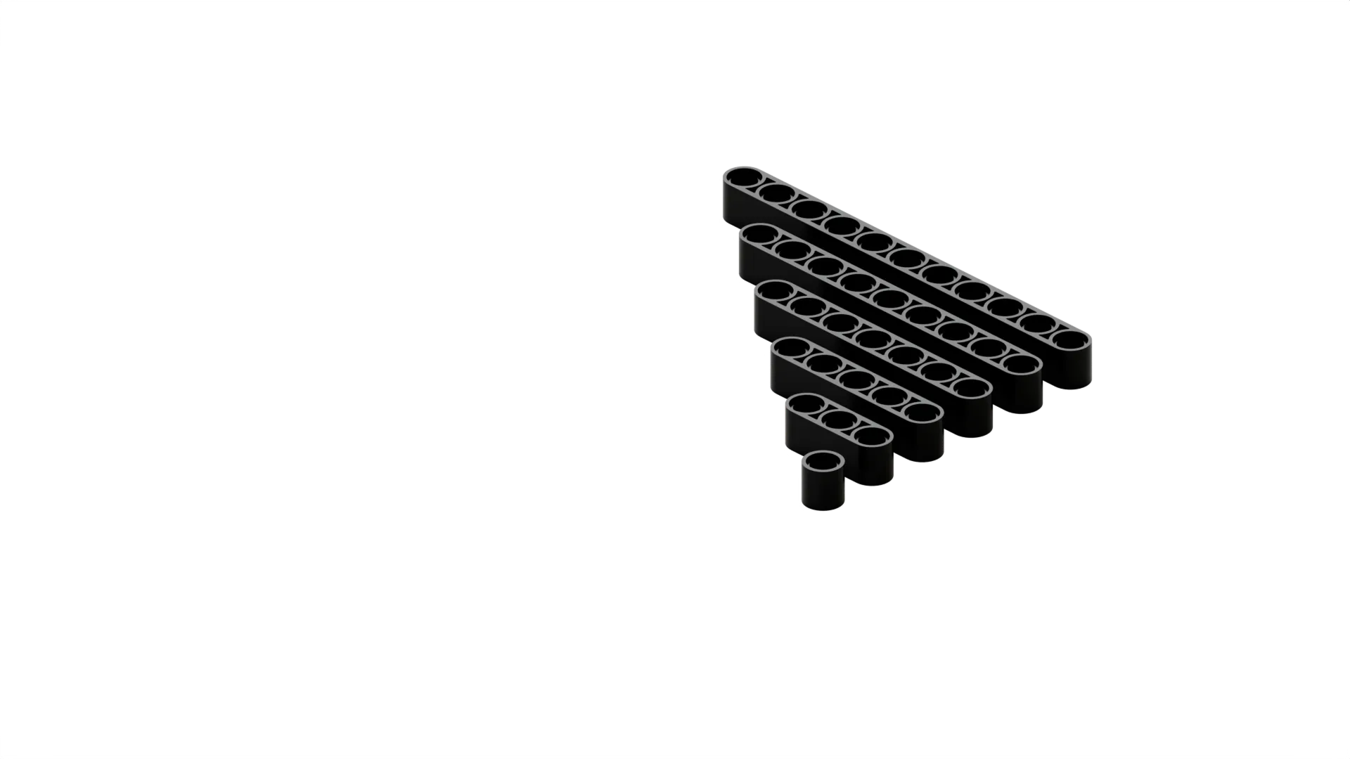 Five black LEGO Technic beams of varying lengths stacked diagonally from shortest to longest.