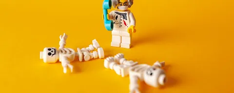 LEGO figure in white lab coat holding a blue flask standing beside two disassembled skeleton pieces on a yellow background.