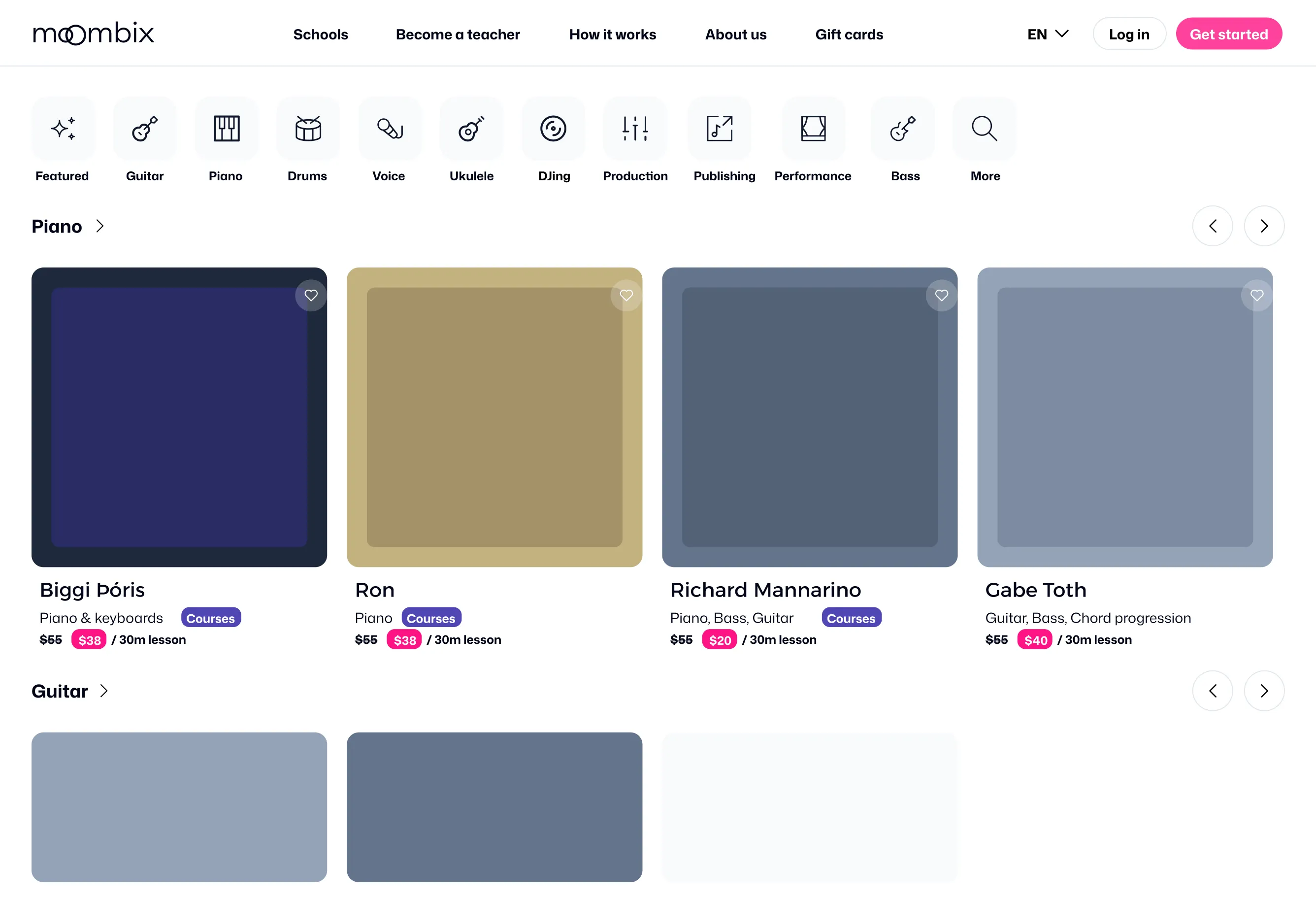 Moombix website page showing navigation menu, music category icons, and piano teacher listings with lesson prices and course tags.