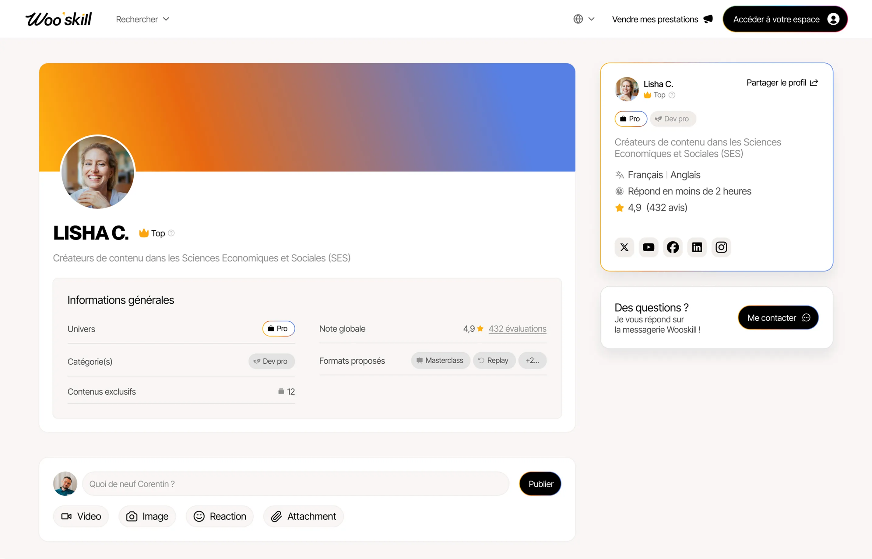 User profile page of Lisha C., a top content creator in Economic and Social Sciences, showing general info, ratings, languages spoken, response time, and contact options.