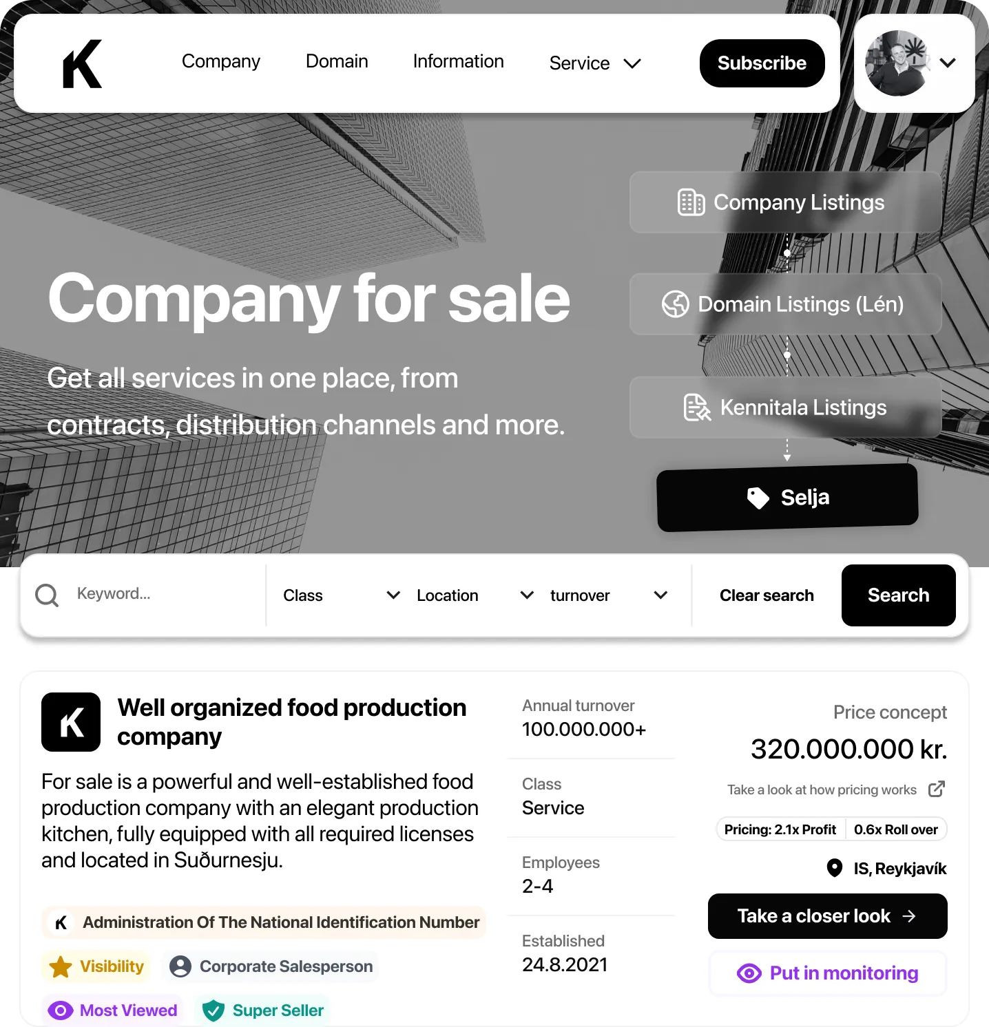 Webpage interface for company sale listings showing search options and detailed listing for a well-organized food production company in Reykjavík with key stats and pricing.