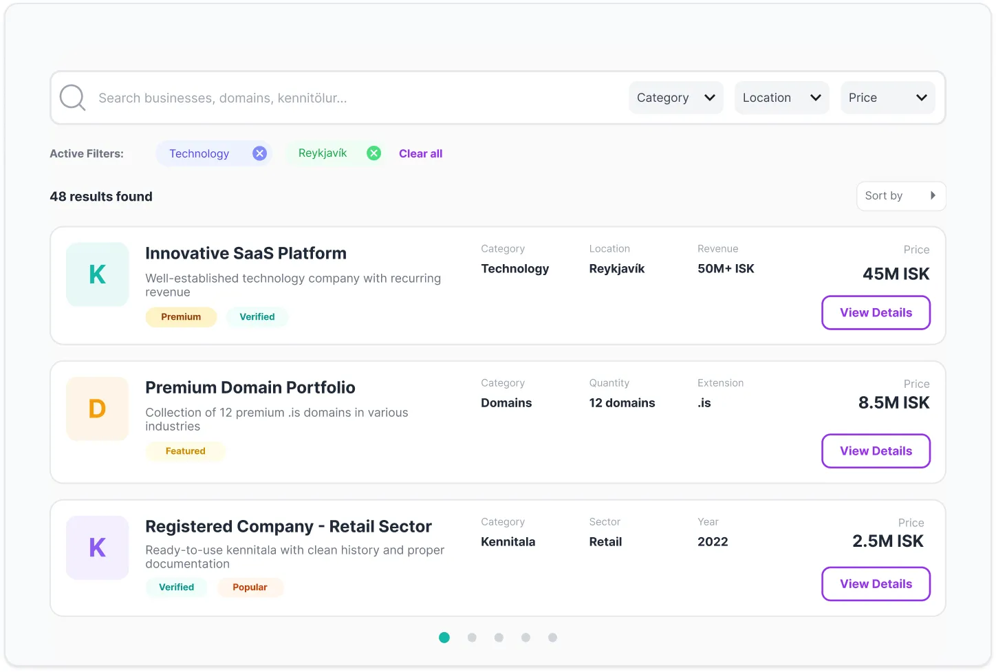 Search interface showing 48 filtered business results in technology category based in Reykjavík, listing an Innovative SaaS Platform, Premium Domain Portfolio, and Registered Company with prices in ISK.