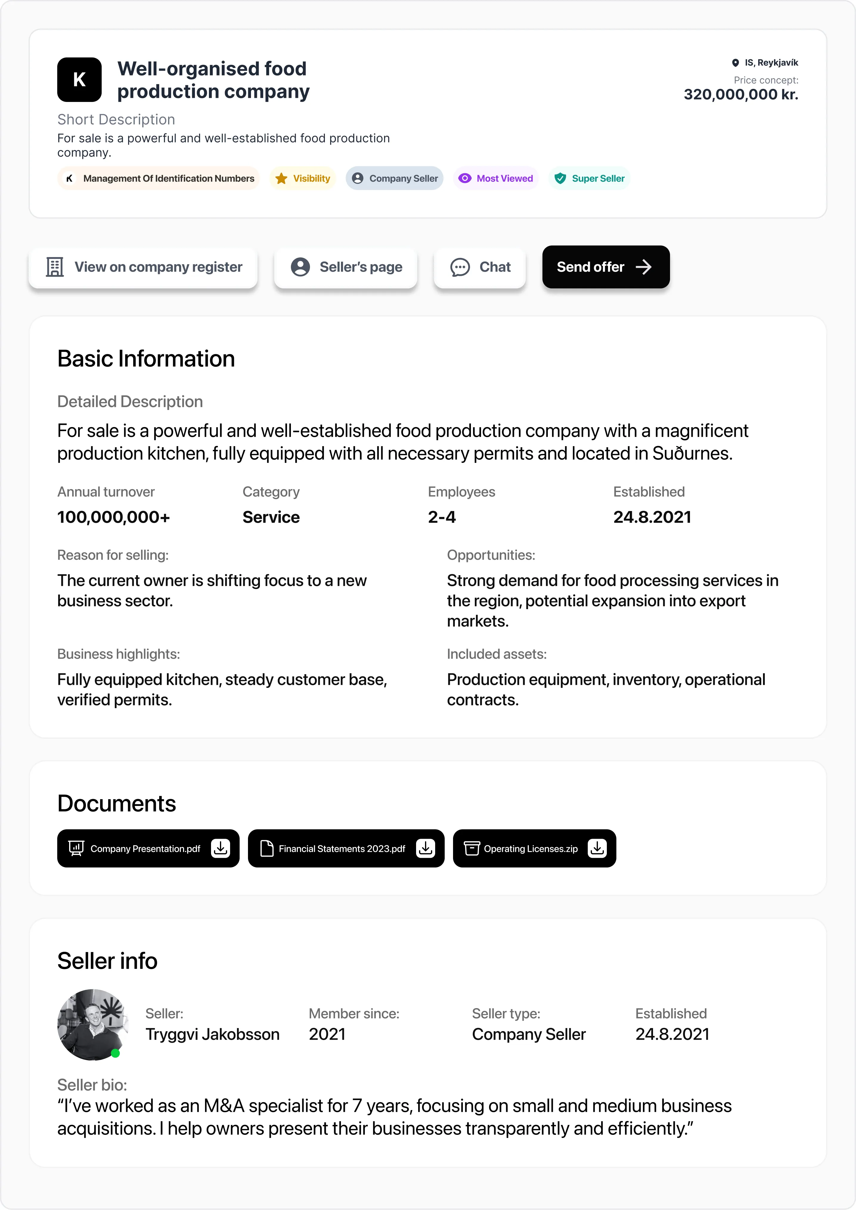 Business listing for a well-organised food production company for sale in Reykjavik, Iceland, priced at 320 million kr. It has 2-4 employees, established on August 24, 2021, with annual turnover over 100 million kr. Key details include a fully equipped kitchen, verified permits, and strong local demand. Seller: Tryggvi Jakobsson, an M&A specialist since 2021.