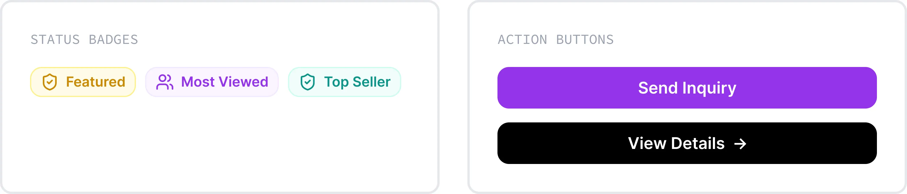 Three status badges labeled Featured, Most Viewed, and Top Seller, alongside two action buttons labeled Send Inquiry and View Details.