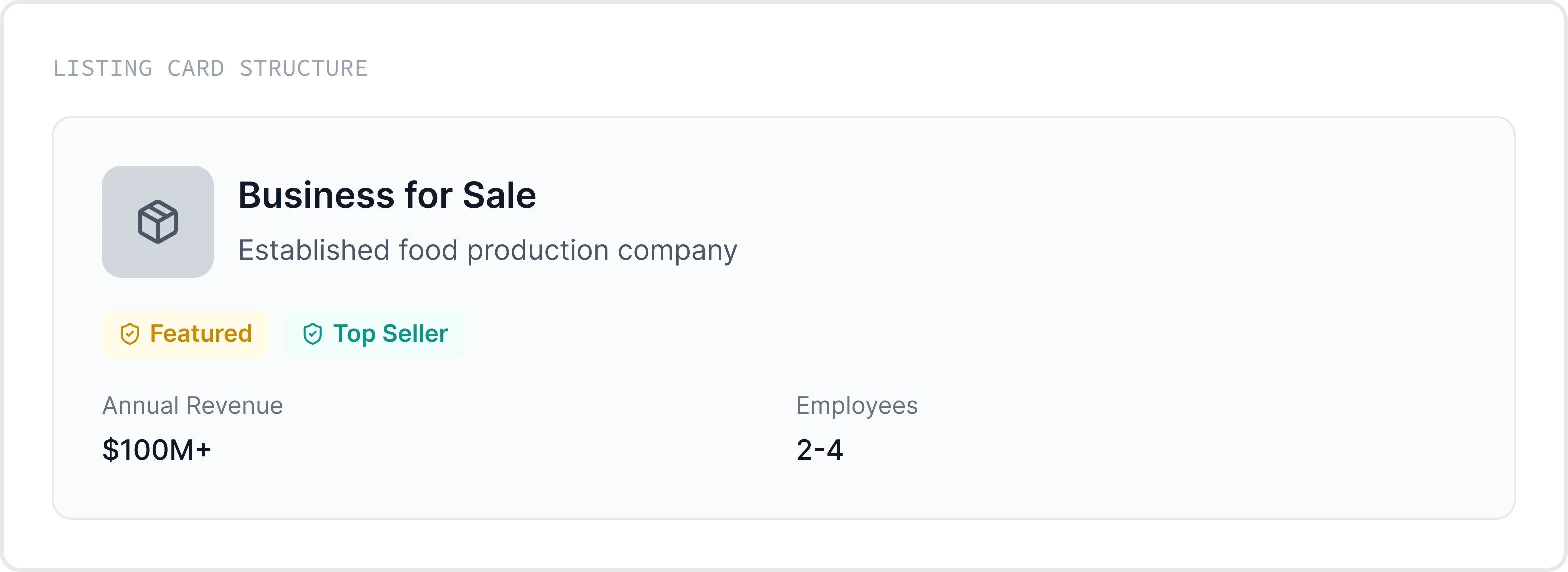 Listing card showing a business for sale: established food production company with over $100M annual revenue and 2-4 employees, marked Featured and Top Seller.