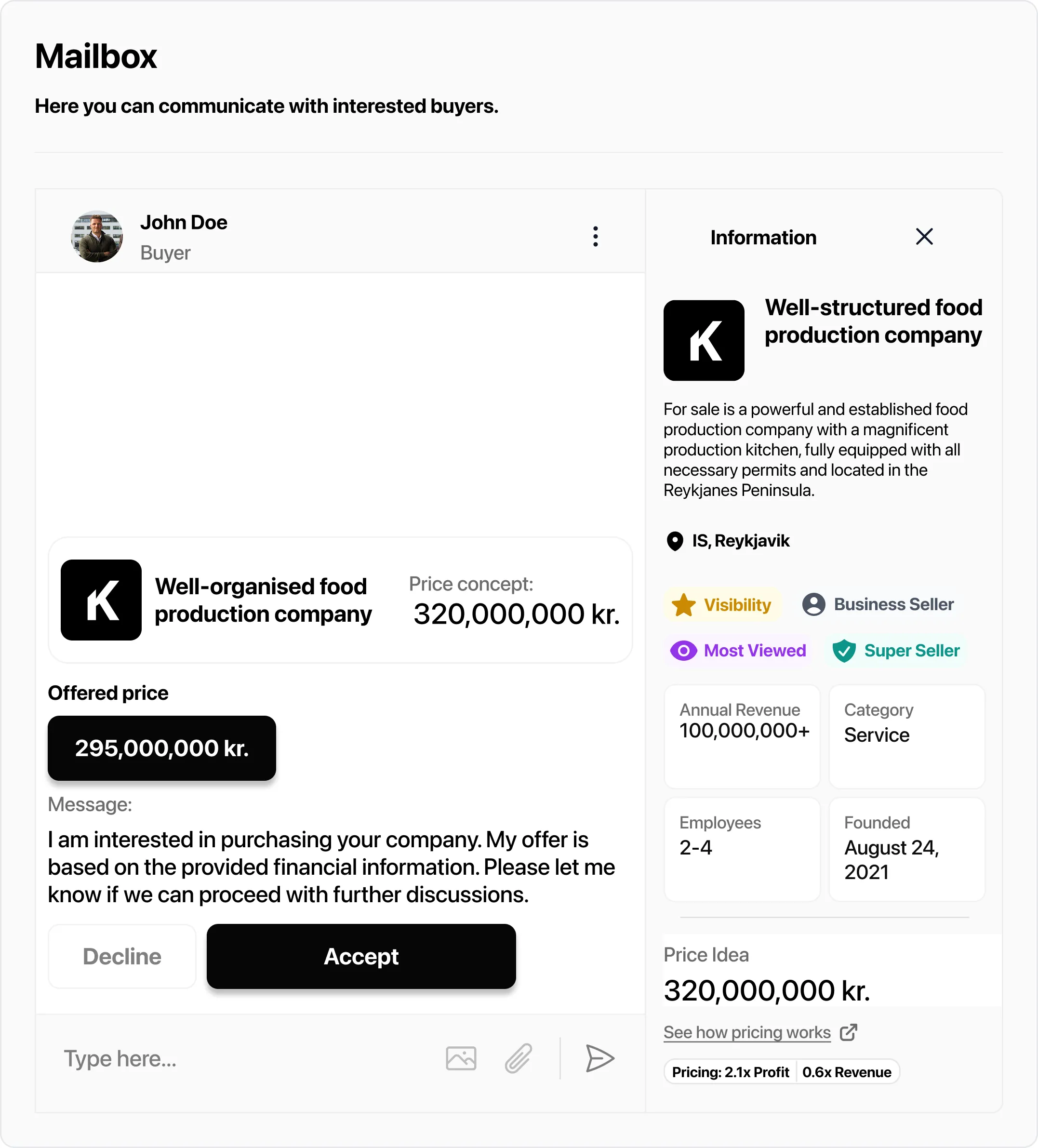 Mailbox interface showing a message from buyer John Doe offering 295 million kr for a well-organised food production company priced at 320 million kr, with company details and pricing information on the right.