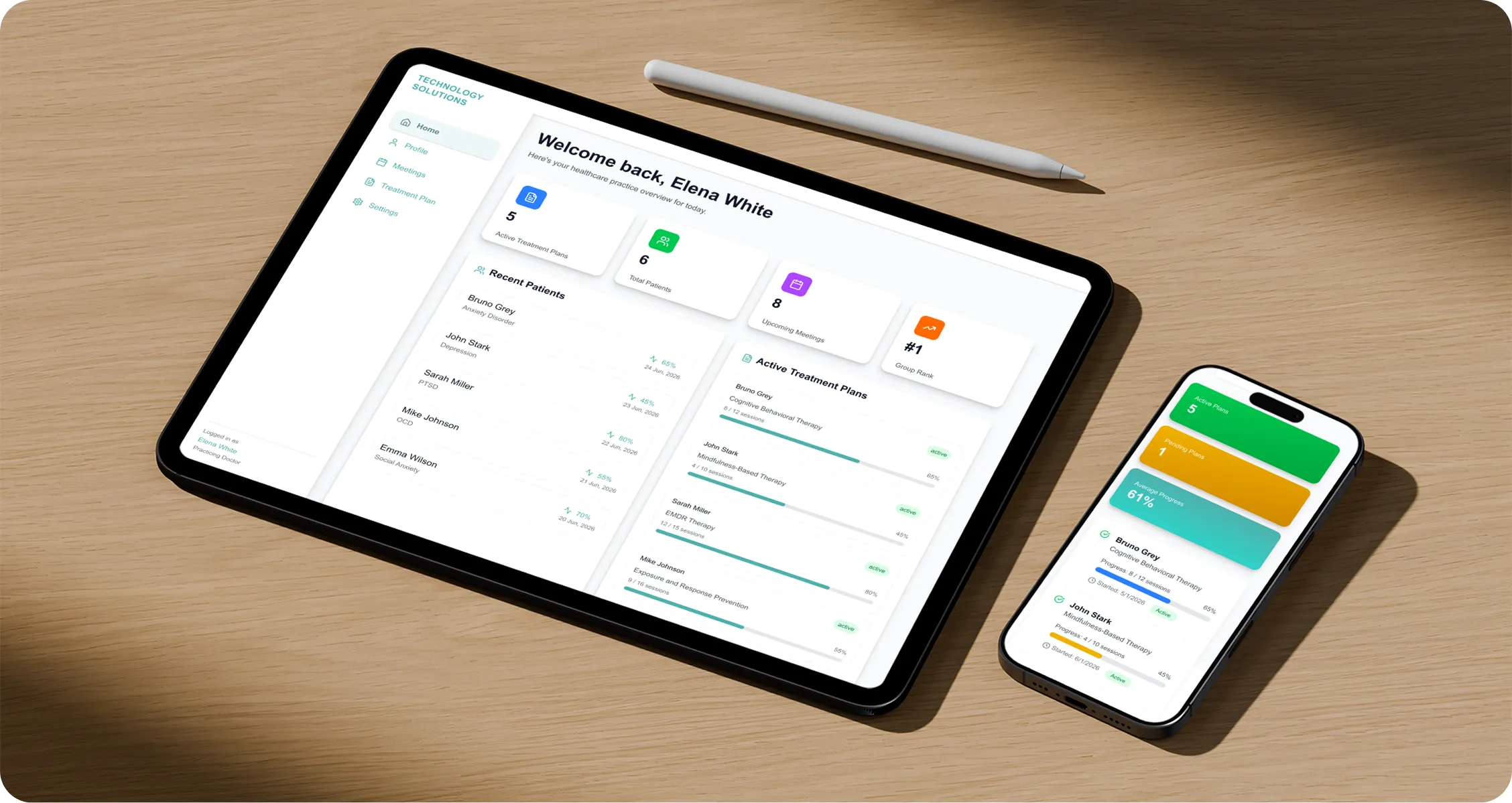 Tablet and smartphone on a wooden surface displaying healthcare management dashboards with patient treatment plans and progress statistics.