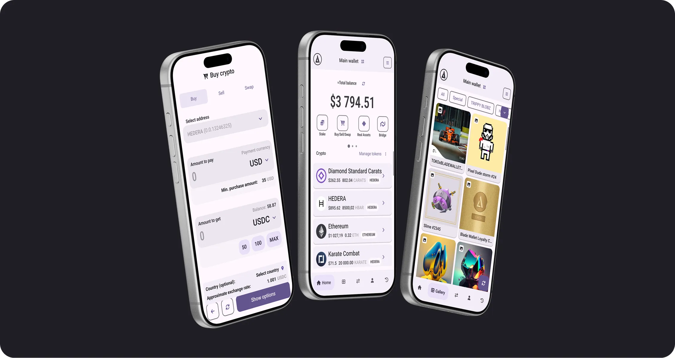 Three modern smartphones displaying a cryptocurrency app interface with sections for buying crypto, wallet balance, and a digital assets gallery.