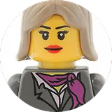 LEGO female figure with blonde hair, red lipstick, and a gray outfit with a purple scarf.