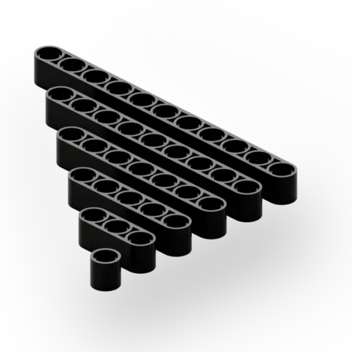 Six black LEGO Technic beams arranged in descending order of length on a black background.
