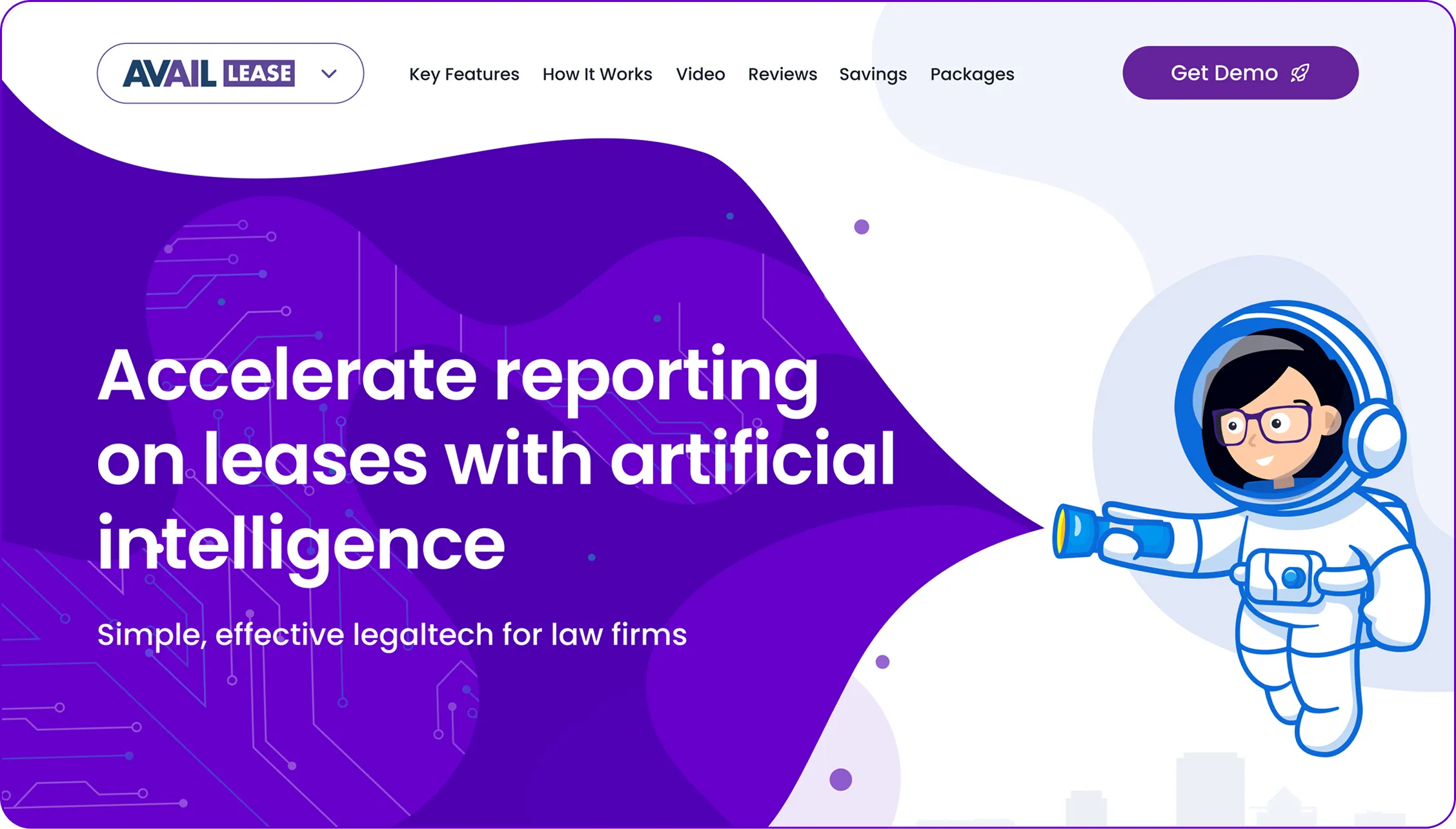 Website header with text 'Accelerate reporting on leases with artificial intelligence' and cartoon of a person in a spacesuit holding a flashlight.