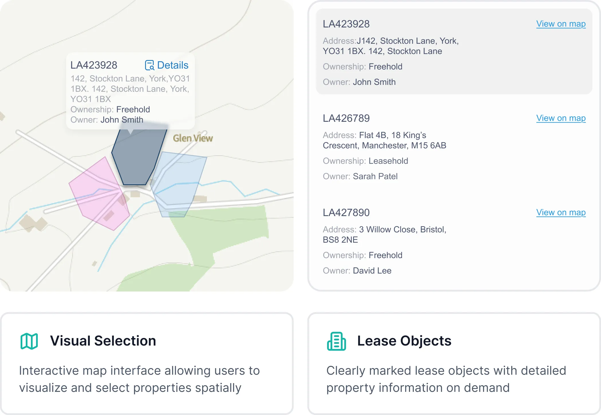 Interactive map showing three colored property areas with details for LA423928 including address, ownership, and owner; list of lease objects with addresses and owners on the right; captions describe visual selection and lease objects features.