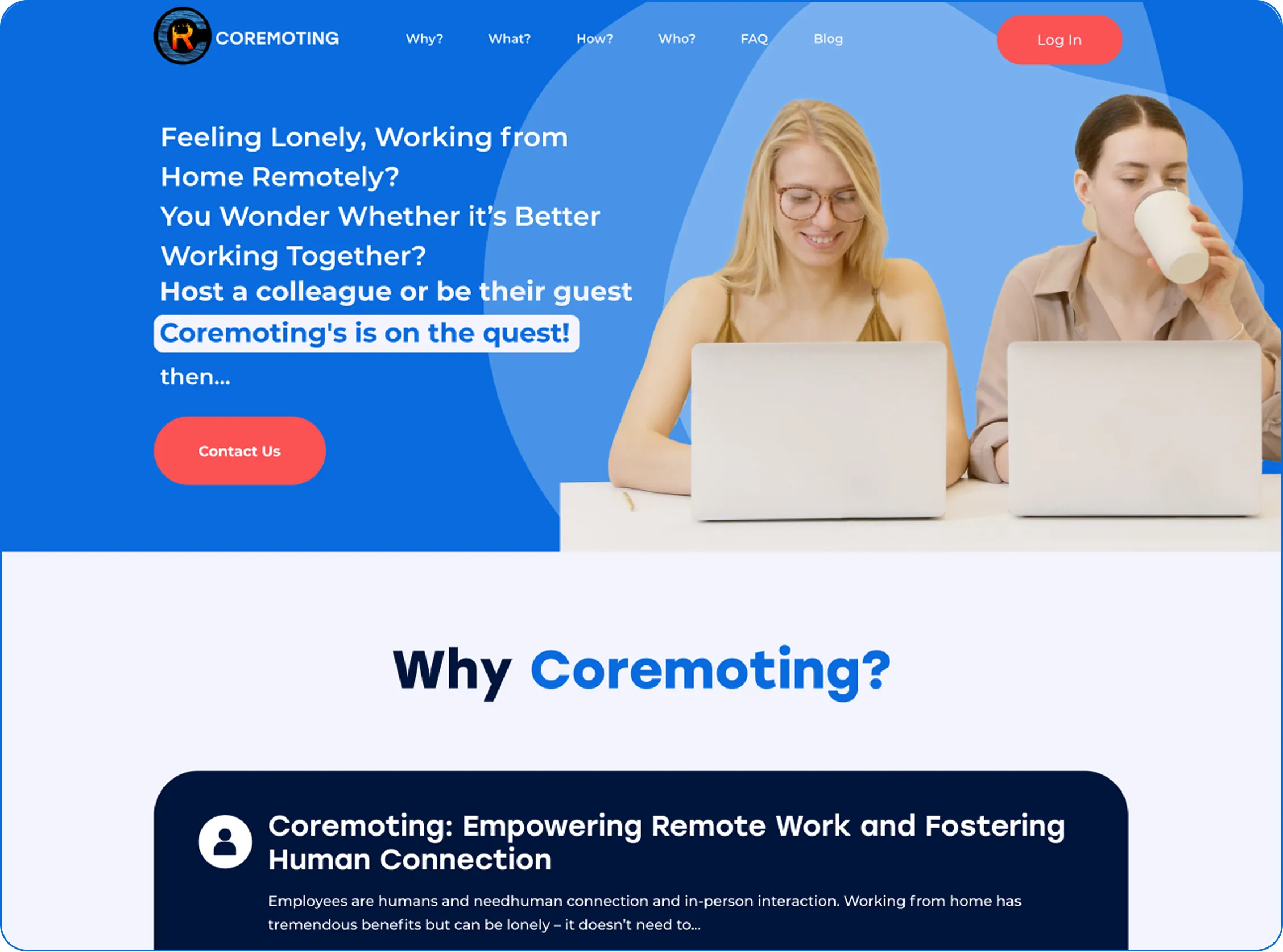 Coremoting website homepage showing two women working on laptops, one drinking from a cup, with text promoting remote work connection and a Contact Us button.