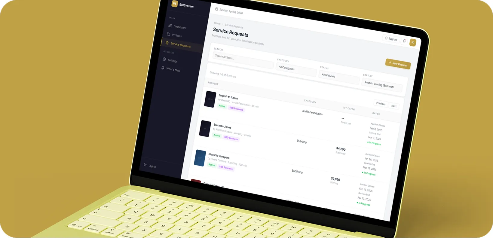 Laptop screen displaying a service request dashboard for managing localization projects with filters, project list, bid statuses, and dates.