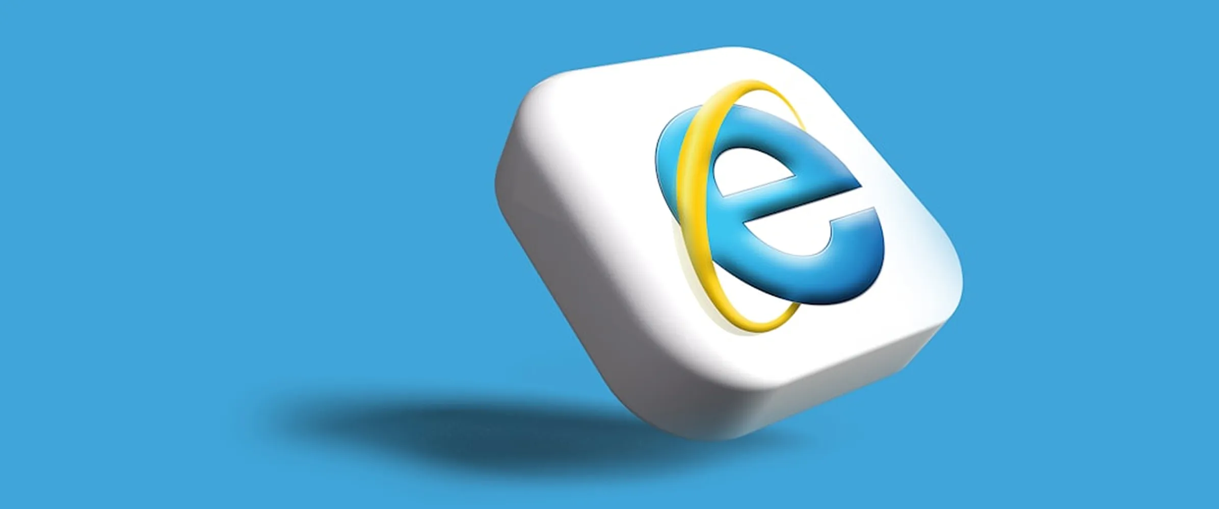 3D white rounded square block with the blue Internet Explorer 'e' logo and yellow ring on a blue background.