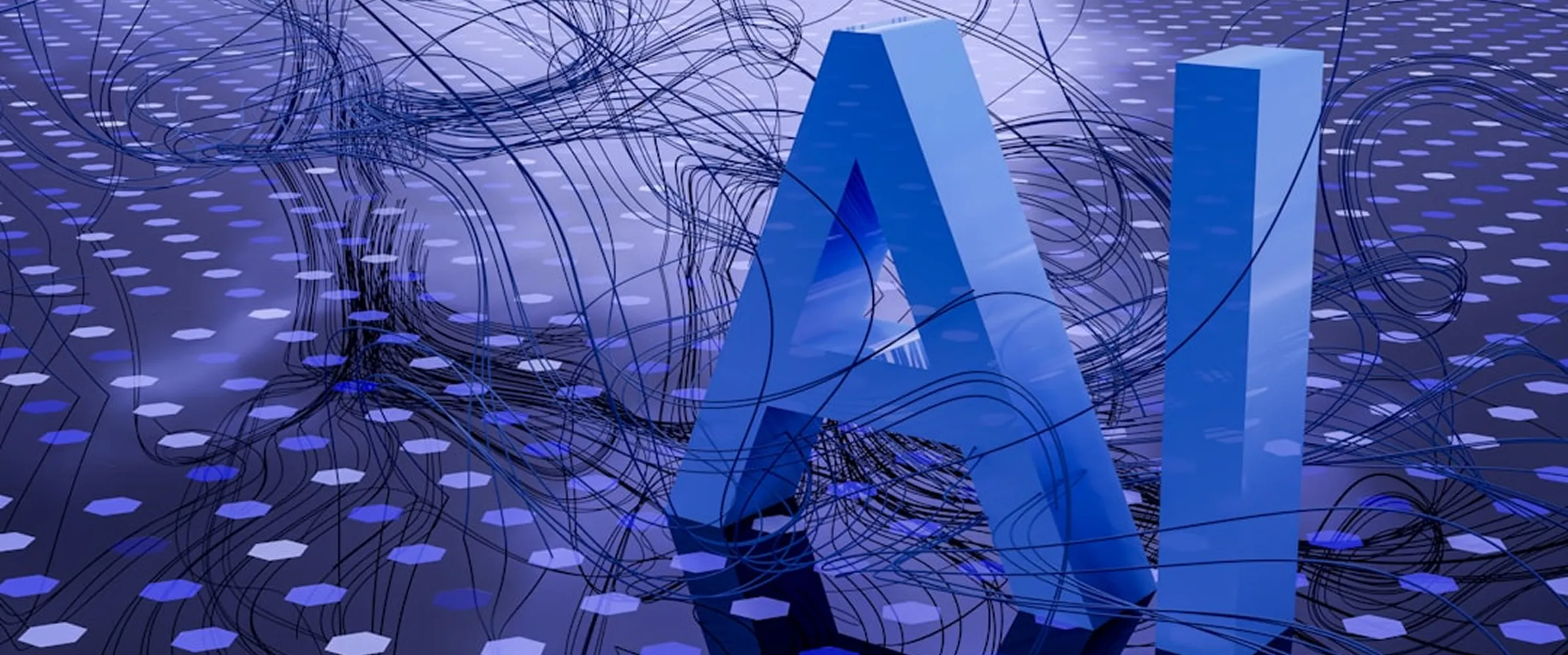 3D blue letters 'AI' surrounded by flowing black lines and hexagonal patterns on a purple background.