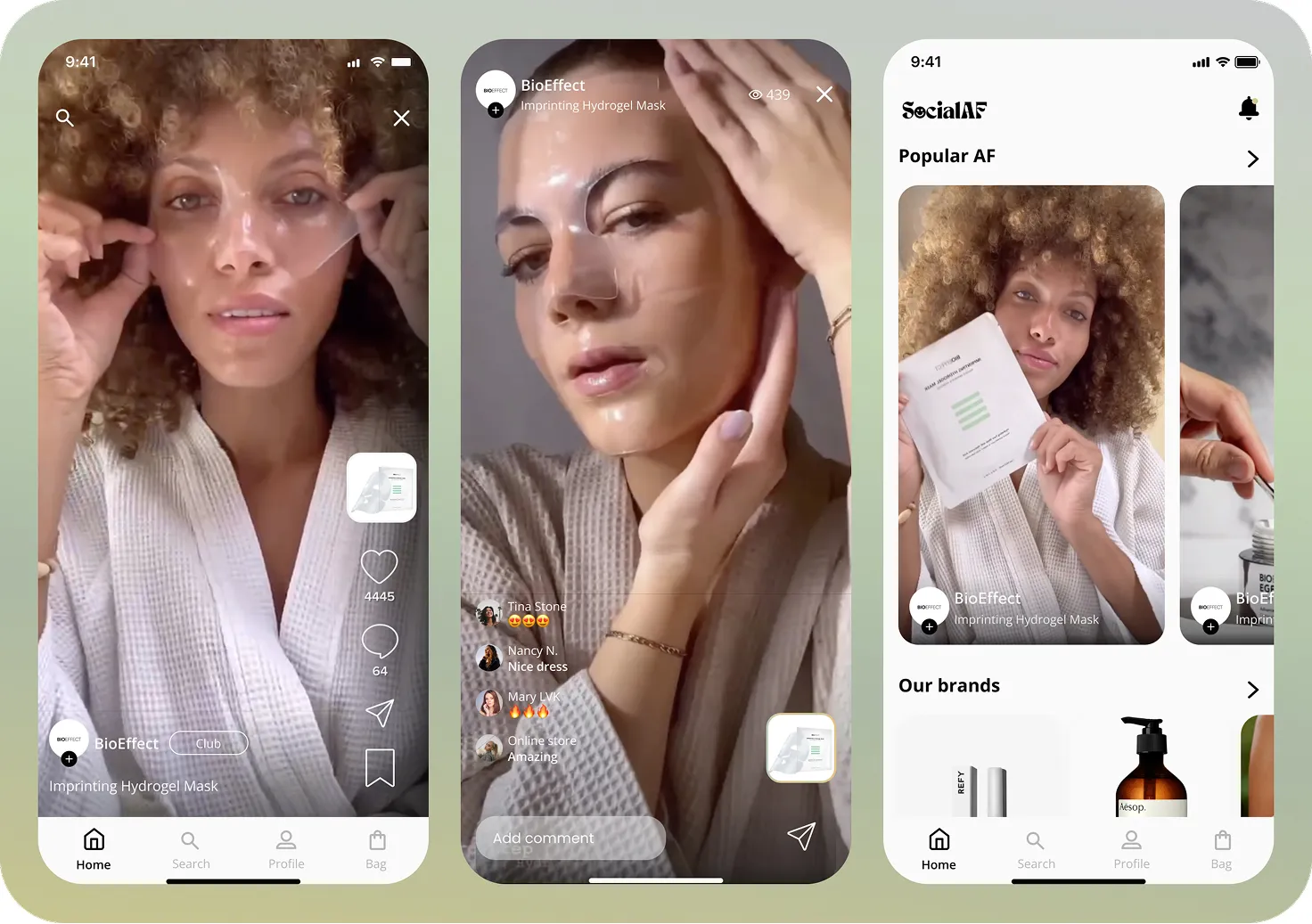 Three smartphone screens showing a woman applying a BioEffect Imprinting Hydrogel Mask and holding its packaging in a skincare app interface.