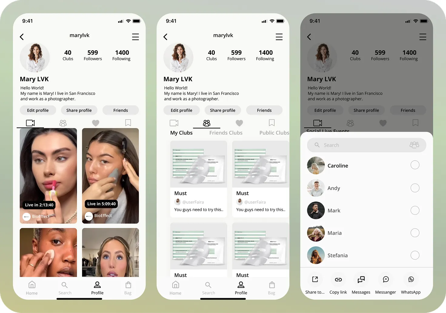Three smartphone screens showing a user profile named Mary LVK in a social app with live videos, club memberships, and a sharing menu featuring contacts and sharing options.