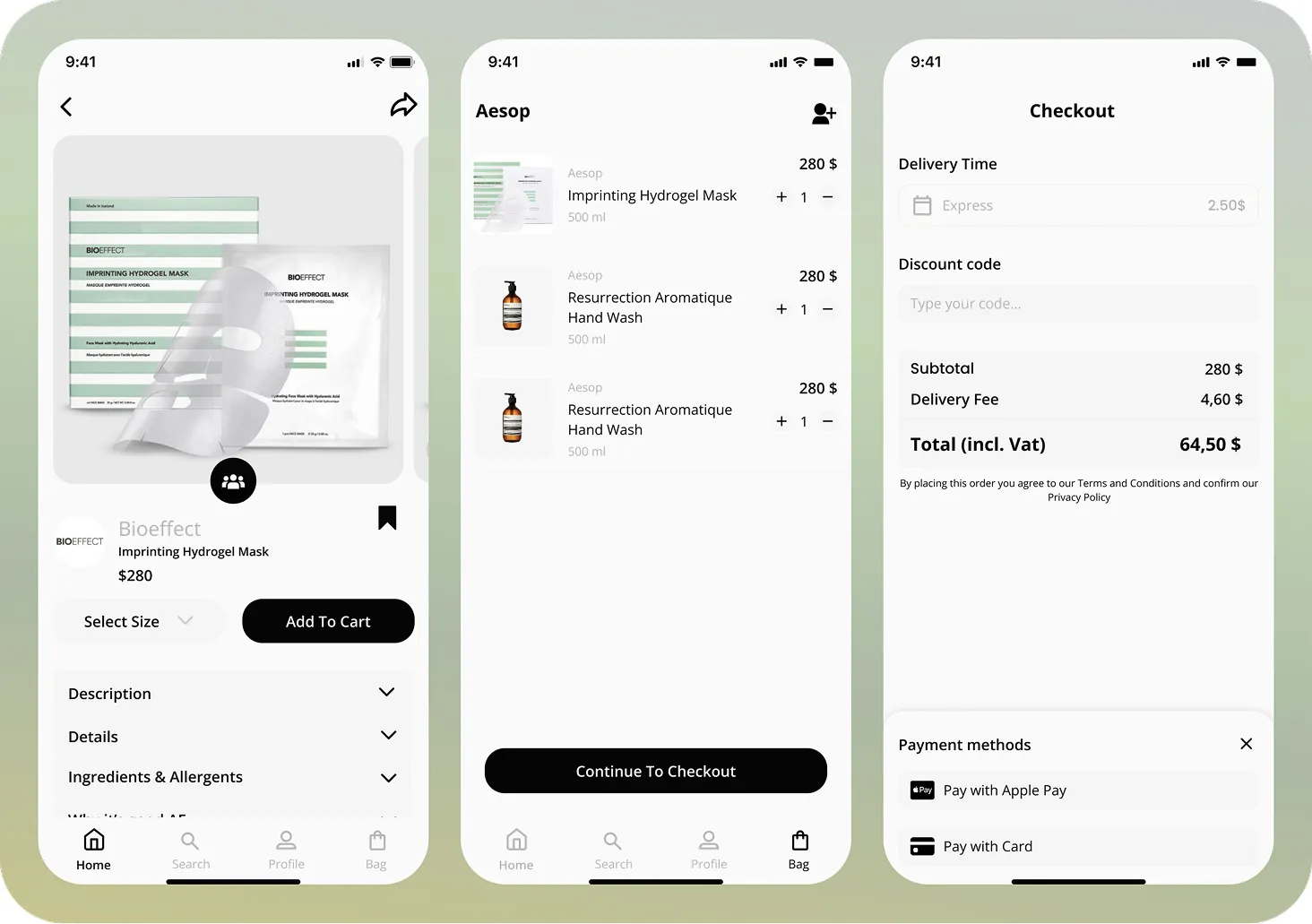 Three smartphone screens showing an e-commerce app with a product page for Imprinting Hydrogel Mask, a shopping cart with items, and a checkout page with delivery options and payment methods.