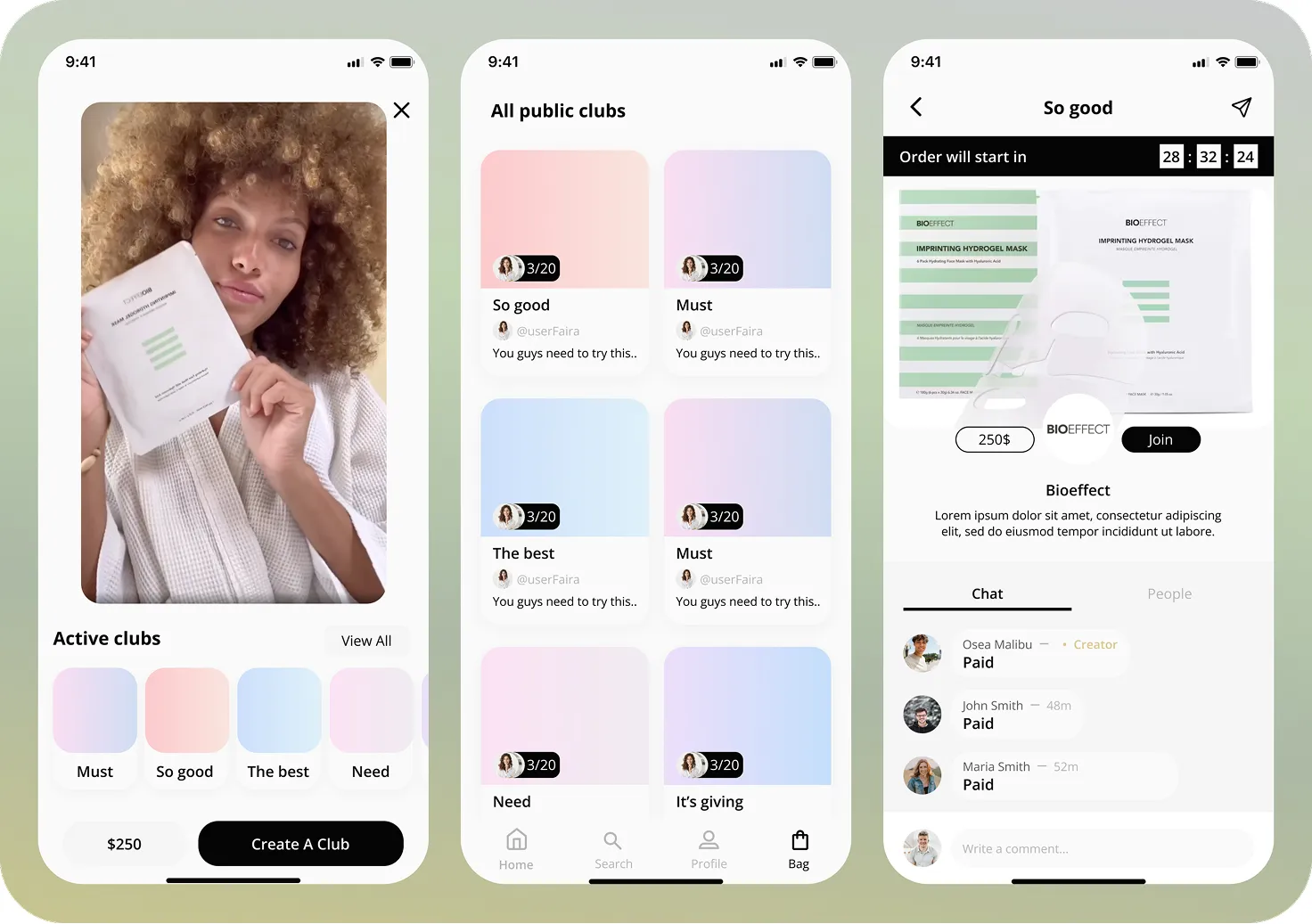 Three smartphone screens showing a social app with active clubs, public club listings, and a product purchase with chat feature.