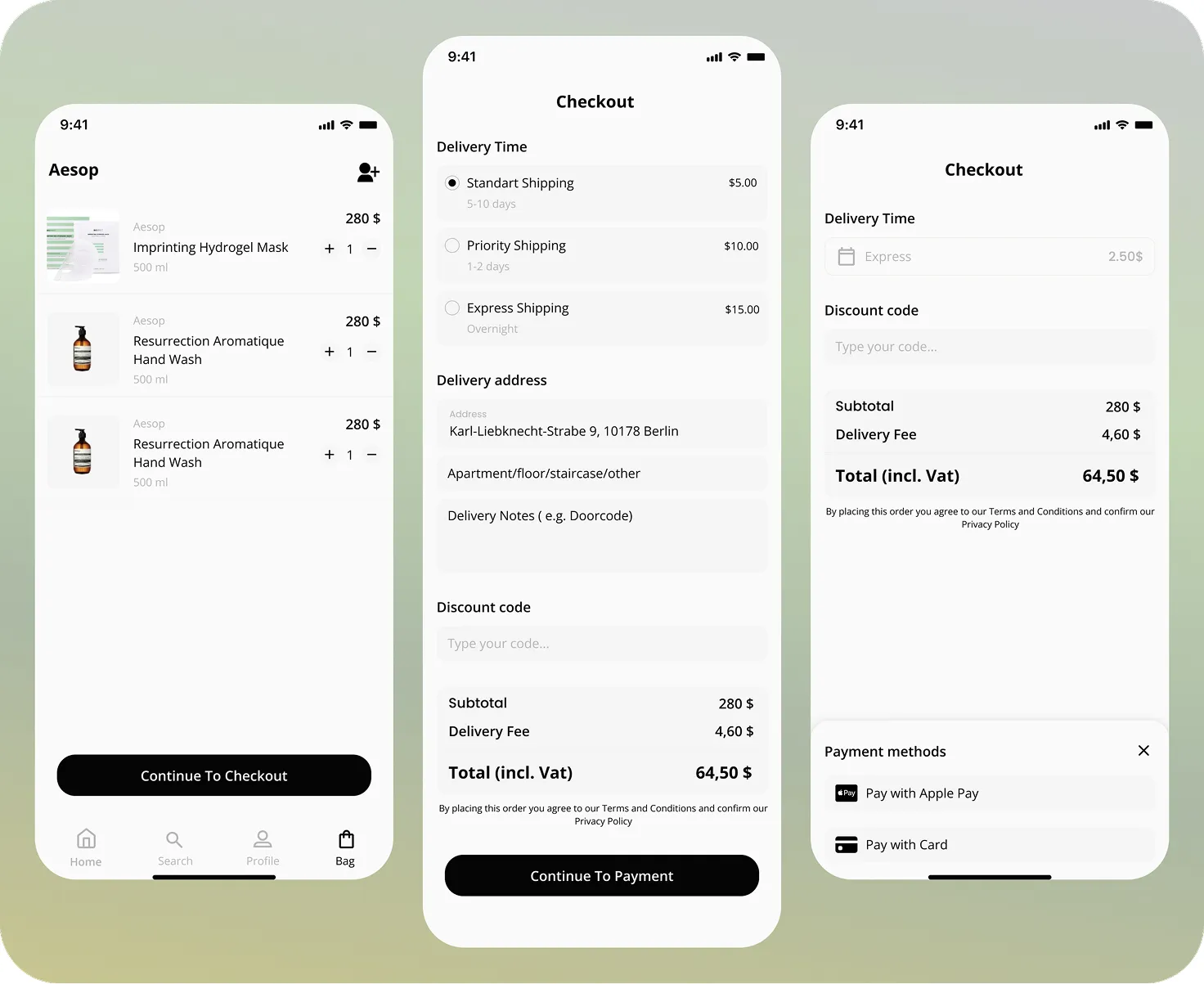 Mobile app checkout process screens showing a shopping cart with Aesop products, delivery time and address options, discount code input, order summary, and payment methods including Apple Pay and card.