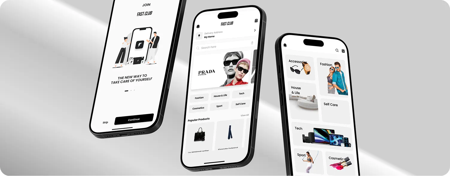 Three smartphones displaying the Fast Club app interface with categories like fashion, cosmetics, tech, sport, and self care.