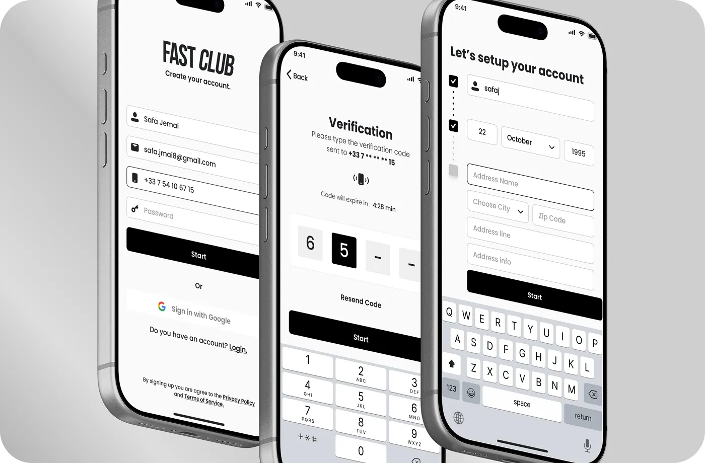 Three smartphones displaying different account setup screens for Fast Club app including account creation, verification code entry, and address details.