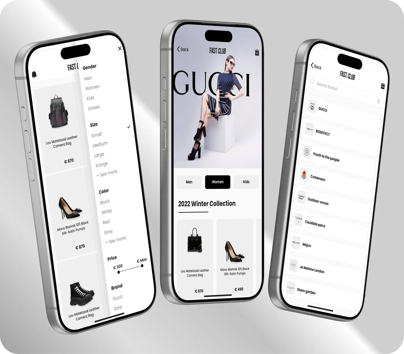 Three smartphones displaying a fashion e-commerce app with product listings, filters, and brand search visible.