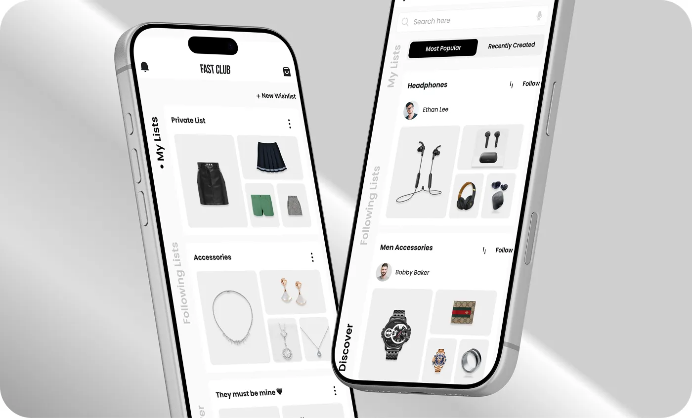 Two smartphones displaying a wishlist app with categories for clothing, accessories, headphones, and men's accessories.