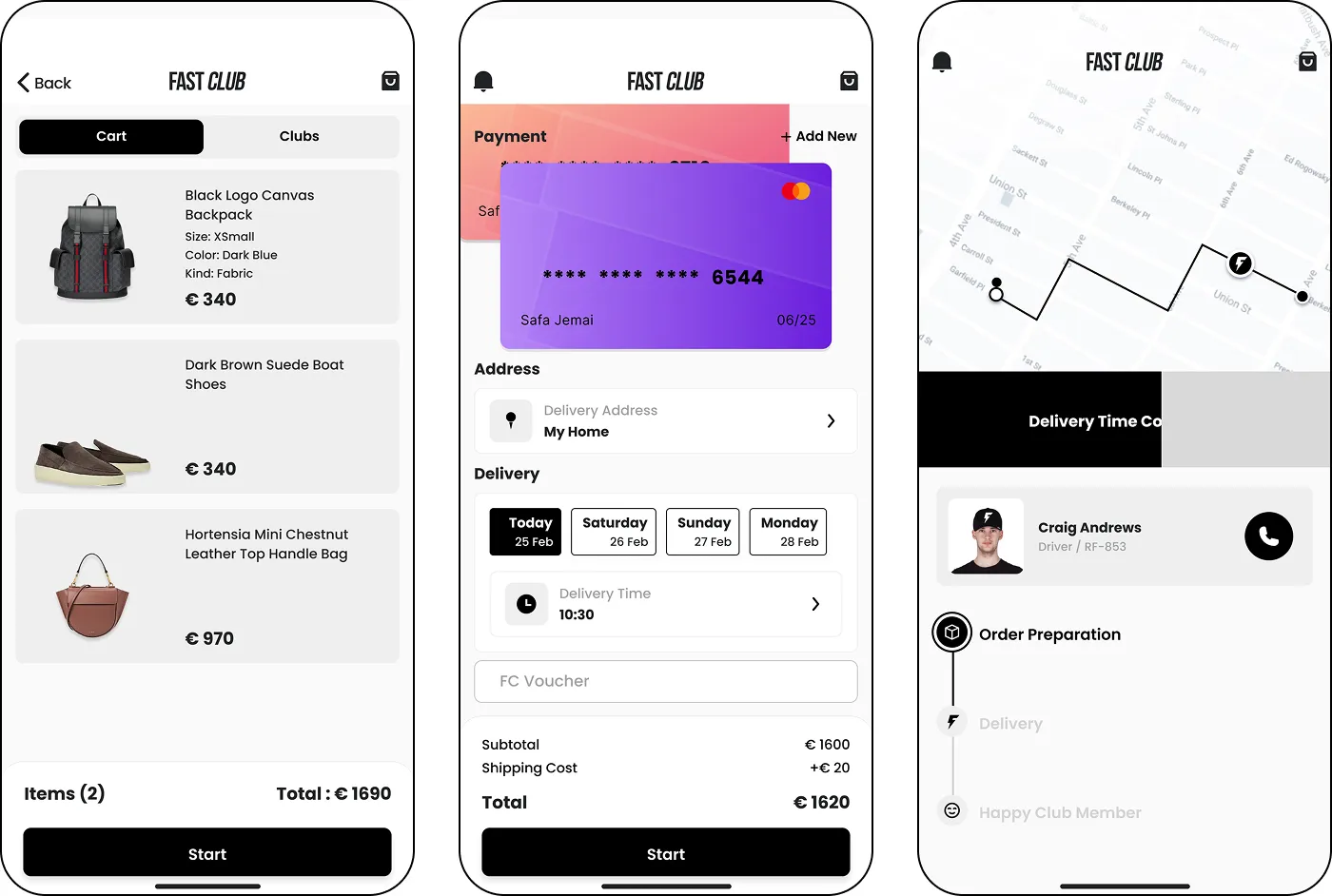 Three smartphone screens showing an online shopping app: a cart with backpack, shoes, and handbag totaling €1690; payment screen with card details and delivery options; delivery tracking with driver info and route map.