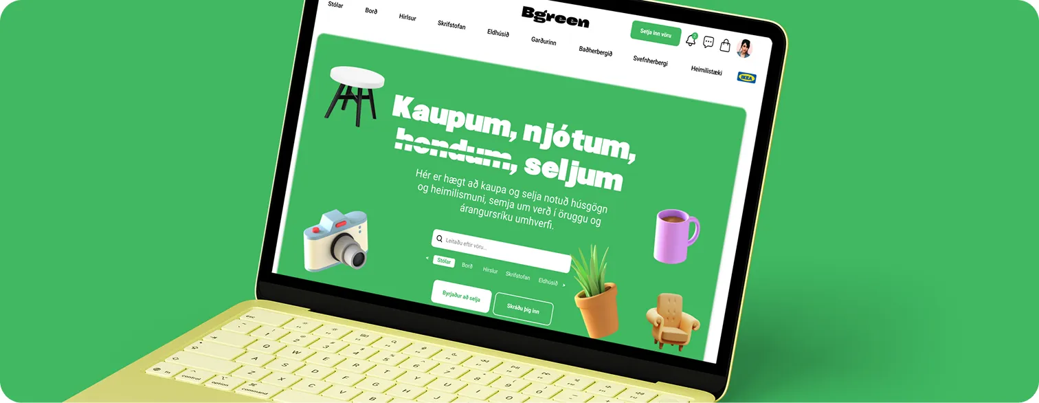Laptop screen displaying Bgreen website homepage with Icelandic text about buying, enjoying, and selling used household items in an eco-friendly environment.