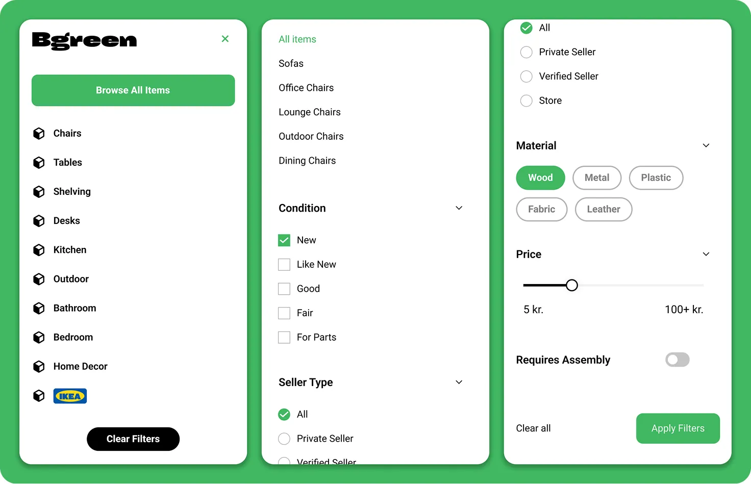 User interface of Bgreen furniture filter with categories like Chairs, Tables, Shelving, condition options, seller types, material selection, price slider, and assembly toggle.