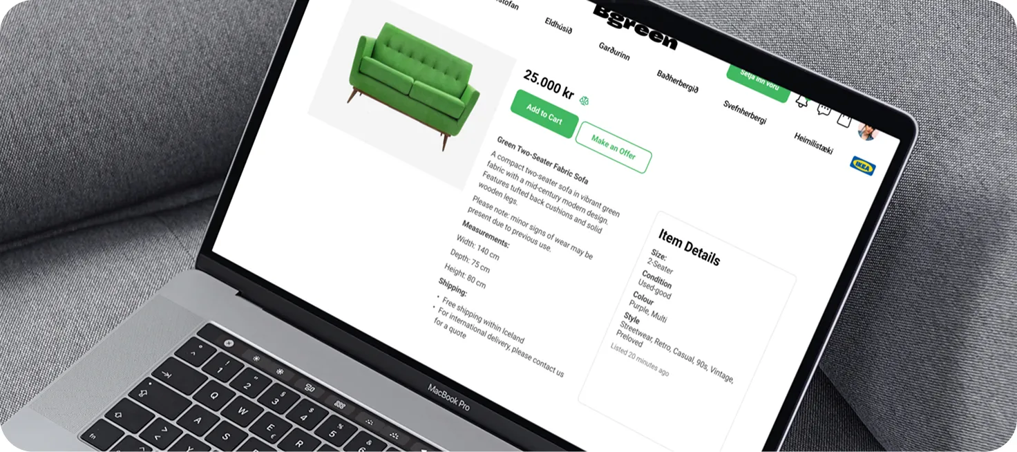 Laptop screen displaying an online listing for a green two-seater fabric sofa priced at 25,000 kr with item details and purchase options.