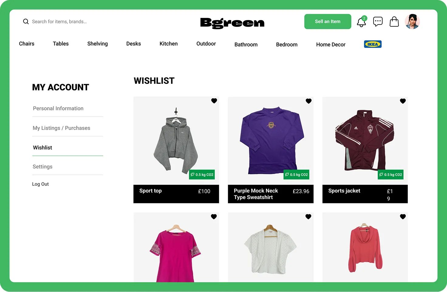 Bgreen online wishlist page showing clothing items including a grey sport top, purple mock neck sweatshirt, maroon sports jacket, pink dress, white cardigan, and red blouse with CO2 emissions badges.