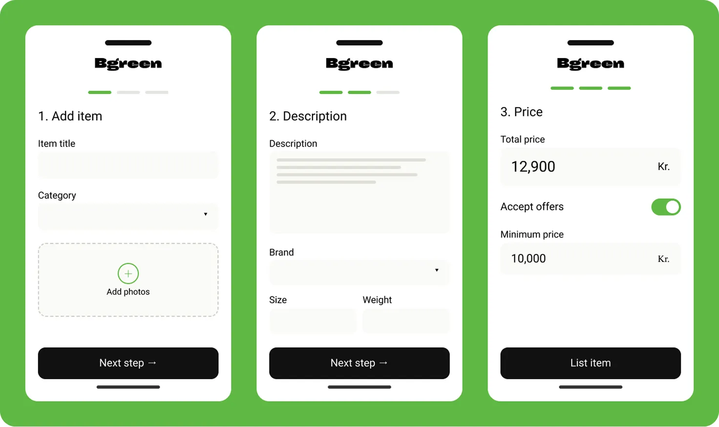 Three mobile screens showing a Bgreen app listing process: 1. Add item title, category, and photos; 2. Add description, brand, size, and weight; 3. Set total price, accept offers toggle, and minimum price with buttons for next step and list item.