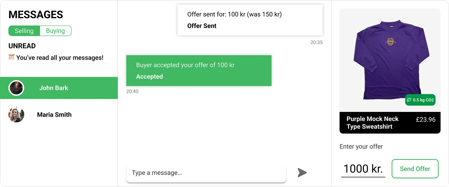 Online messaging interface showing a conversation where the buyer accepted an offer of 100 kr for a purple mock neck sweatshirt priced at £23.96, with an option to enter a new offer and send it.