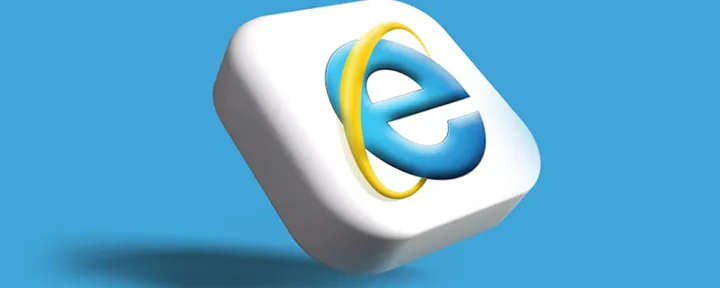 3D icon of the Internet Explorer browser logo with a blue letter e and a yellow ring on a white rounded square background.
