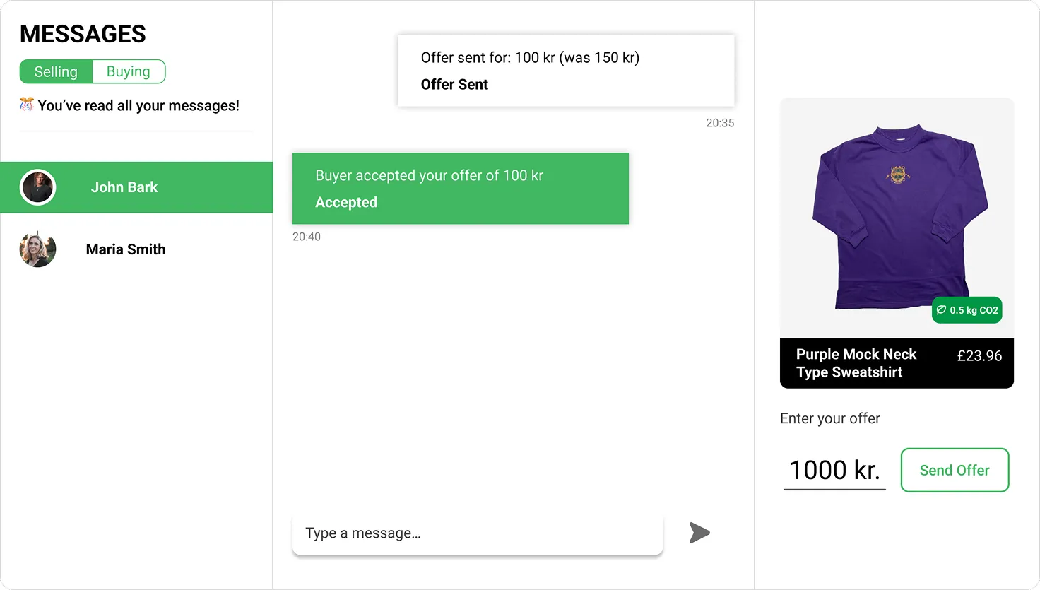 Online marketplace chat interface showing messages with John Bark about a Purple Mock Neck Type Sweatshirt priced at £23.96, with an offer sent for 100 kr accepted by the buyer.