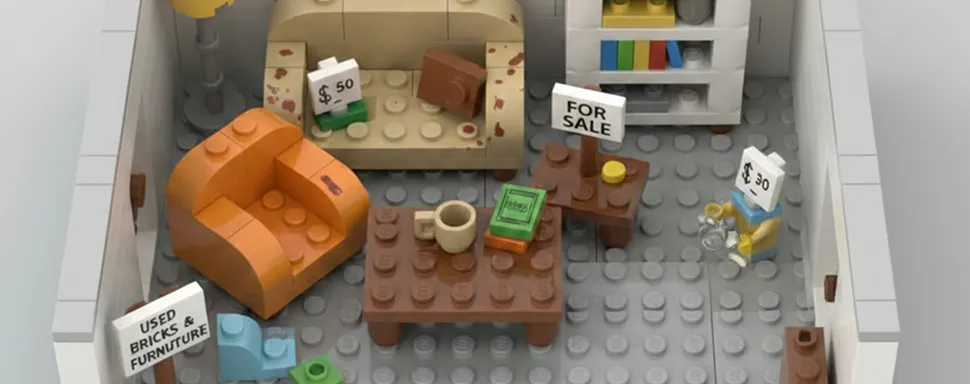Lego room with used orange armchair, sofa, table, and signs showing prices and 'For Sale'.