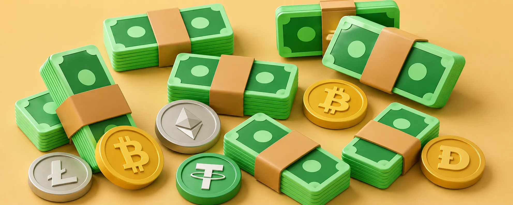 Stacks of green cartoon-style money bills with gold and silver cryptocurrency coins including Bitcoin and Ethereum.