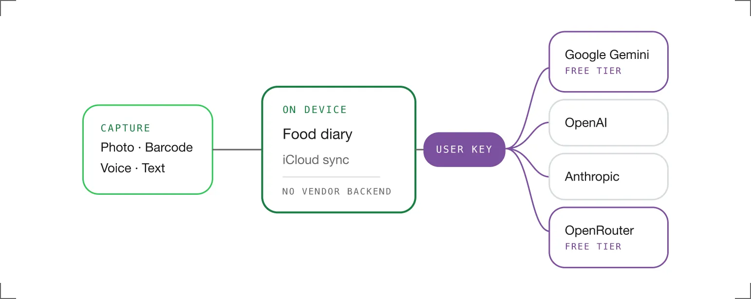 Flowchart showing data capture methods leading to an on-device food diary with iCloud sync and no vendor backend; user key connects to AI service options Google Gemini free tier, OpenAI, Anthropic, and OpenRouter free tier.