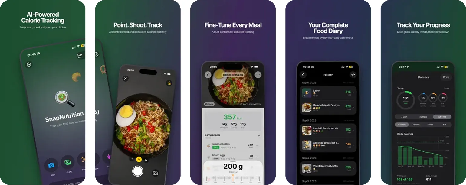 Five smartphone app screens showing features of an AI-powered calorie tracking app named SnapNutrition AI. Screens display: app home with scan, photo, and type options; food identification by camera with a picture of ramen and egg; meal portion fine-tuning with nutrition details for 357 kcal; a food diary with daily meal history; and progress tracking with daily goals, macro percentages, and calorie intake charts.
