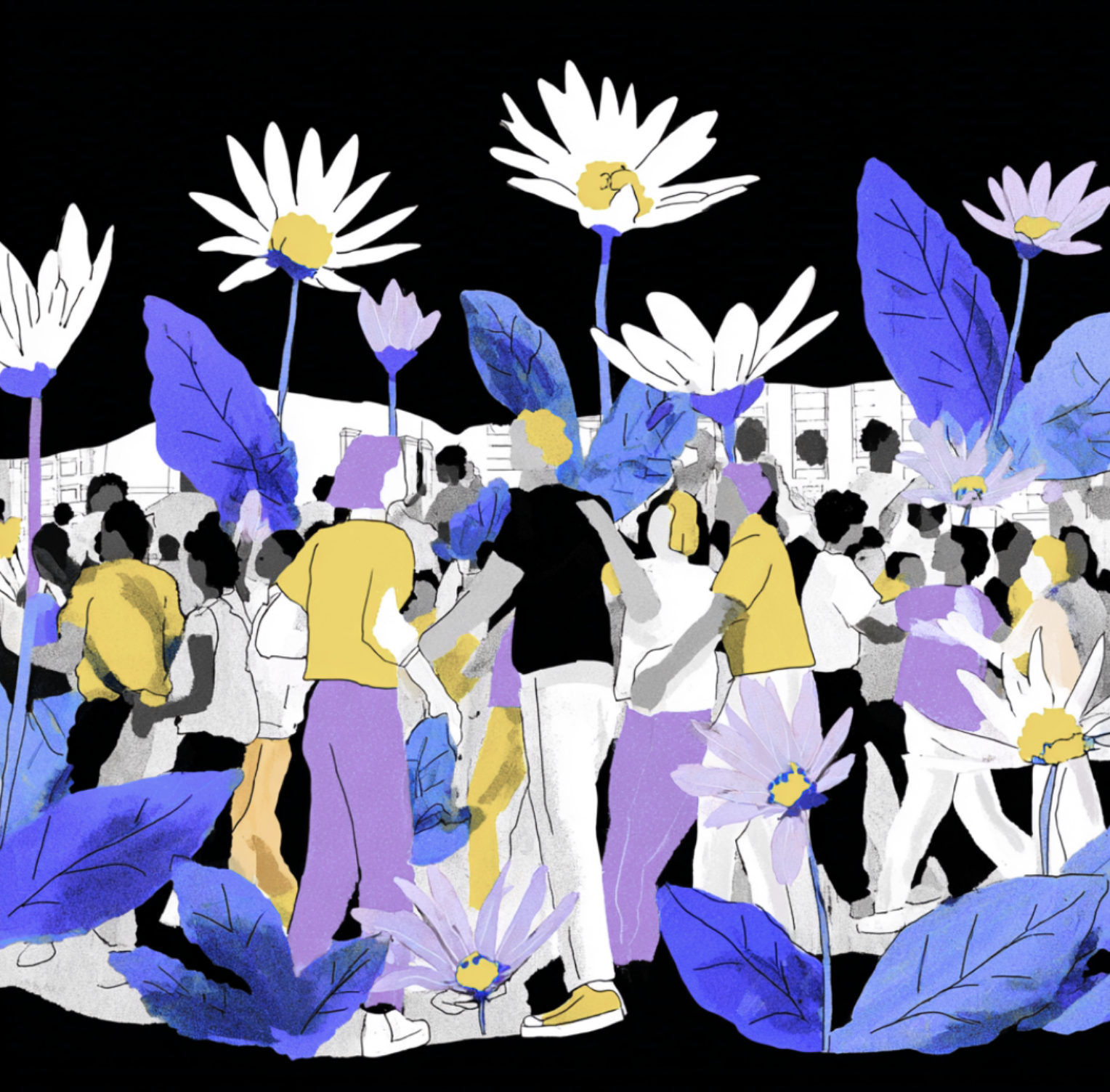 people hugging with big flowers